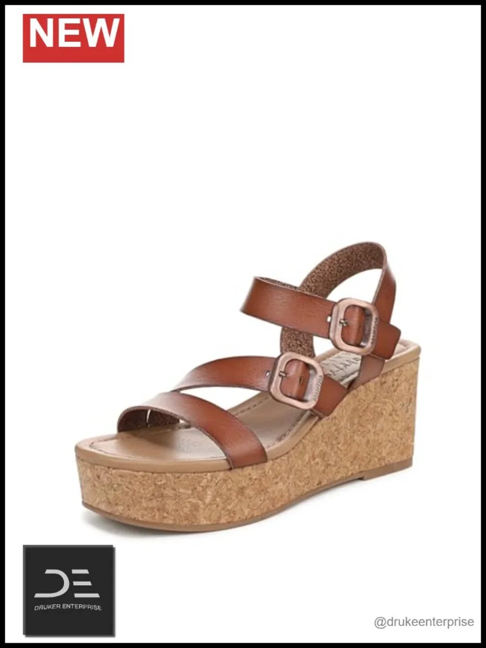 Faux Leather Strappy Wedge Sandals with Ankle Buckle & Cork Heel